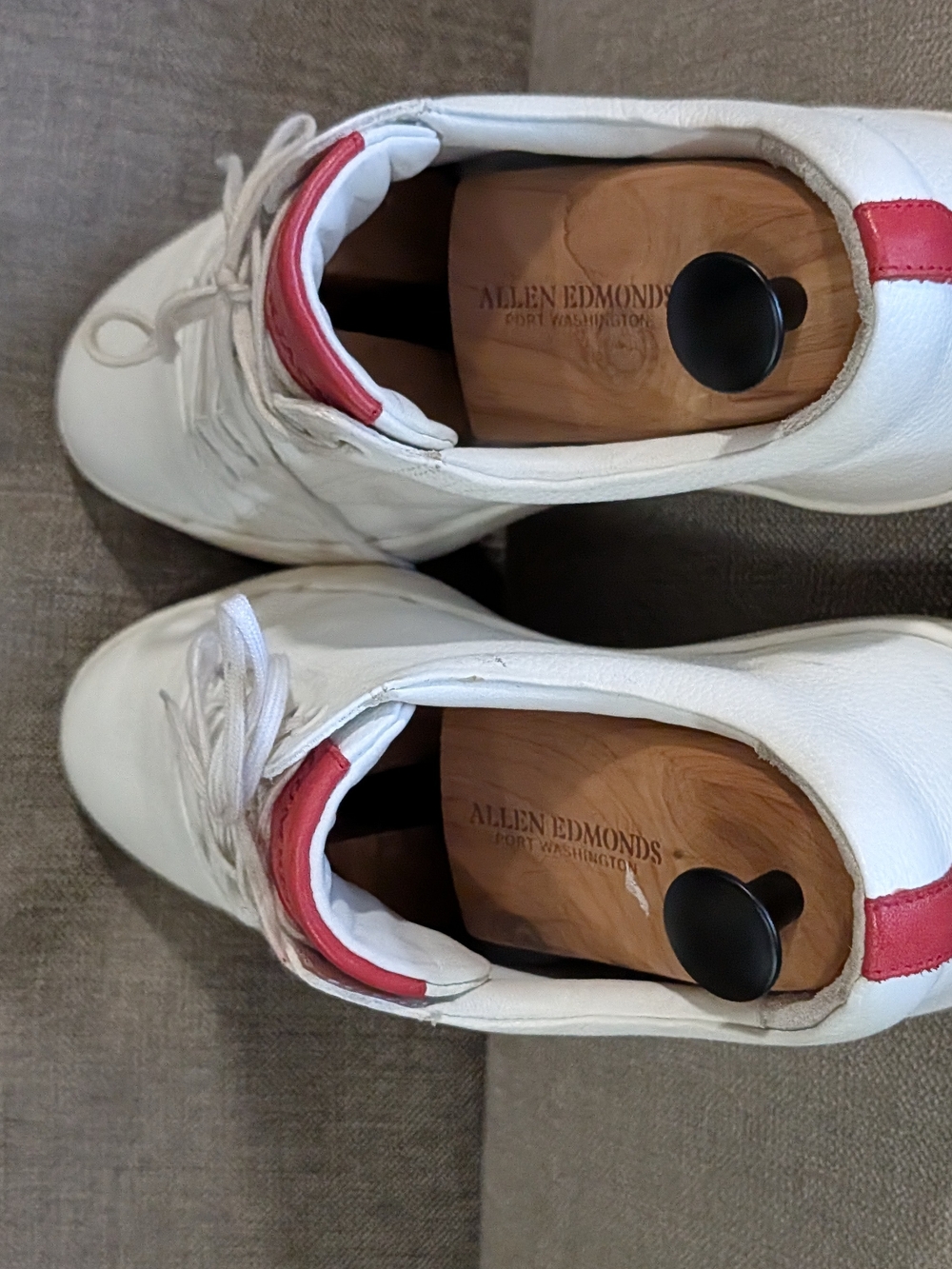 Allen Edmonds Men’s White Leather Sneakers with Red Accent